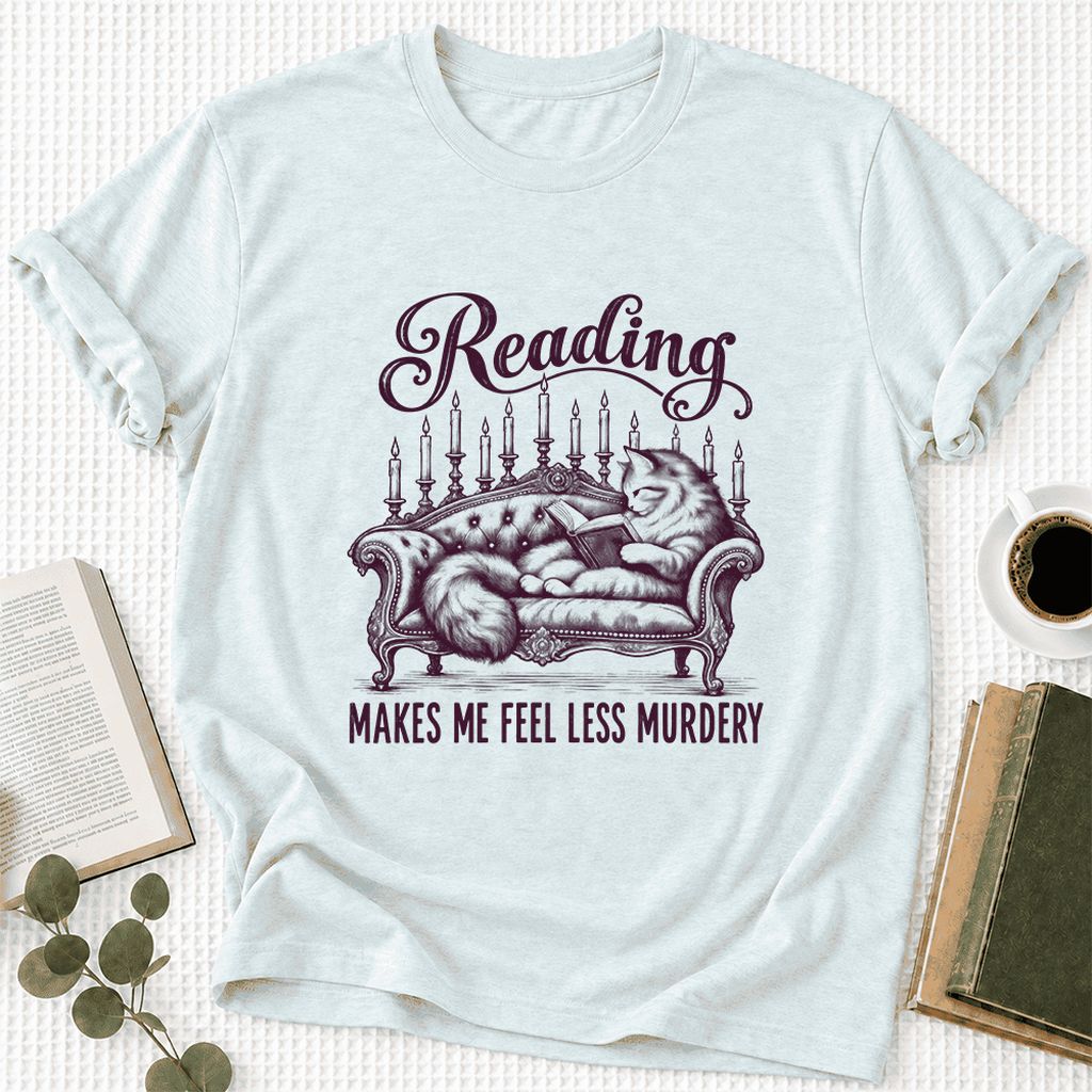 Reading Makes Me Feel Less Murdery Ultra-Soft Cotton T-Shirt | Cat Reader Gift Heather Ice Blue
