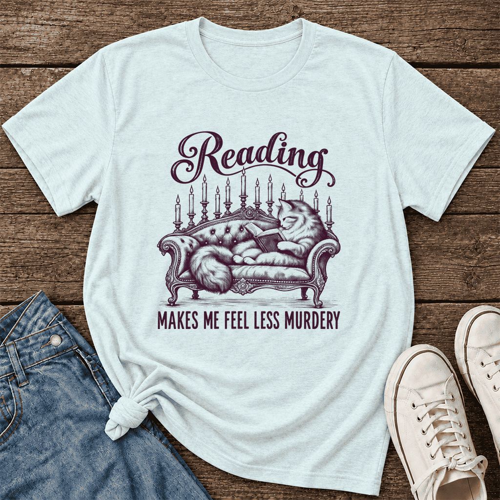 Reading Makes Me Feel Less Murdery Ultra-Soft Cotton T-Shirt | Cat Reader Gift Heather Ice Blue