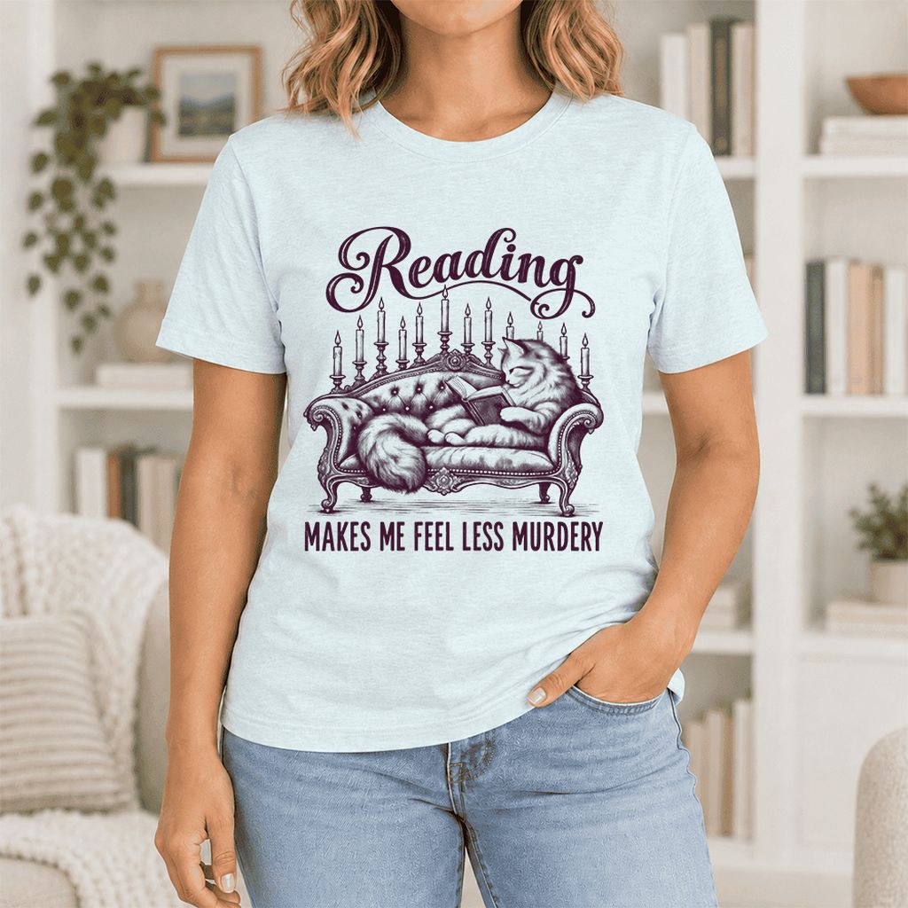 Reading Makes Me Feel Less Murdery Ultra-Soft Cotton T-Shirt | Cat Reader Gift Heather Ice Blue