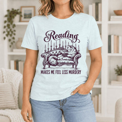 Reading Makes Me Feel Less Murdery Ultra-Soft Cotton T-Shirt | Cat Reader Gift Heather Ice Blue