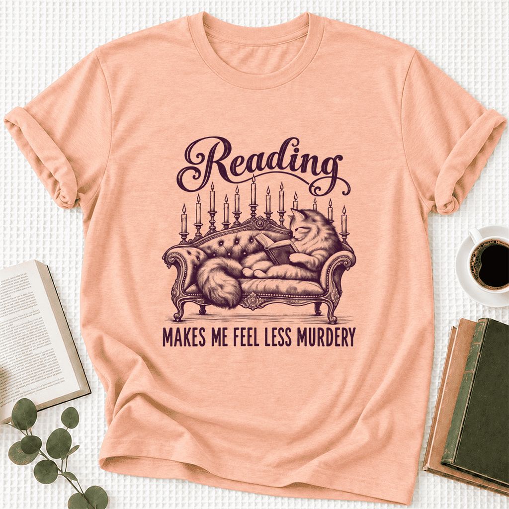 Reading Makes Me Feel Less Murdery Ultra-Soft Cotton T-Shirt | Cat Reader Gift Heather Peach