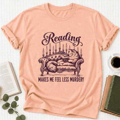 Reading Makes Me Feel Less Murdery Ultra-Soft Cotton T-Shirt | Cat Reader Gift Heather Peach