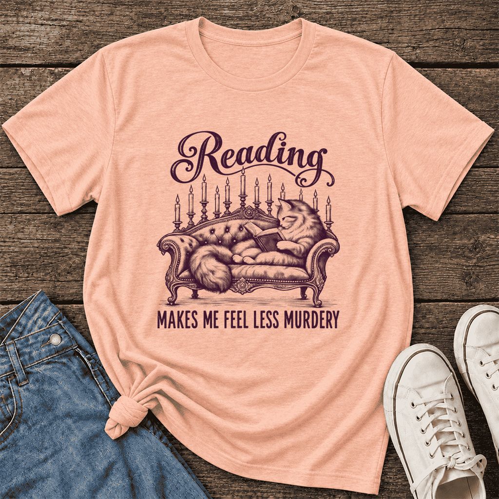 Reading Makes Me Feel Less Murdery Ultra-Soft Cotton T-Shirt | Cat Reader Gift Heather Peach