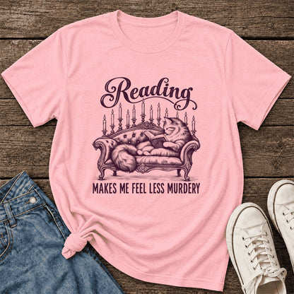 Reading Makes Me Feel Less Murdery Ultra-Soft Cotton T-Shirt | Cat Reader Gift Pink