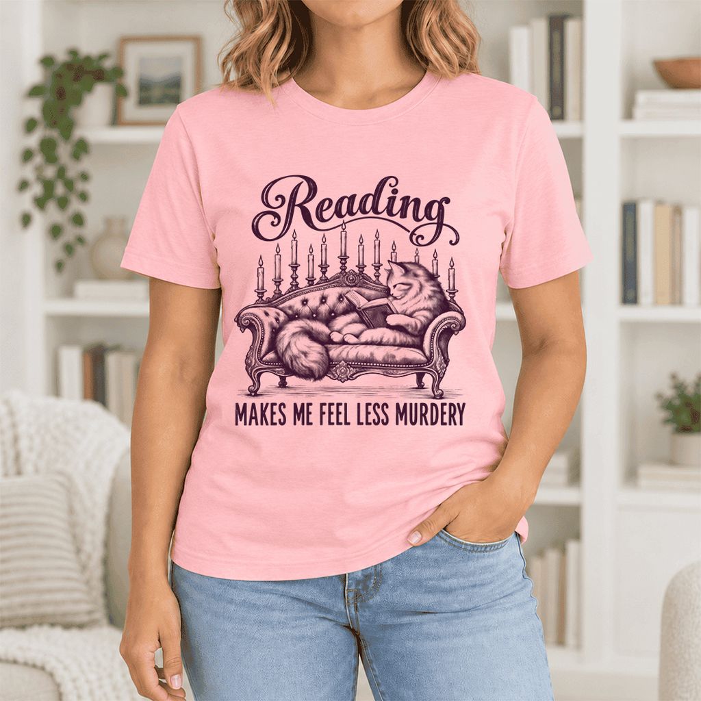 Reading Makes Me Feel Less Murdery Ultra-Soft Cotton T-Shirt | Cat Reader Gift Pink