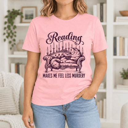 Reading Makes Me Feel Less Murdery Ultra-Soft Cotton T-Shirt | Cat Reader Gift Pink