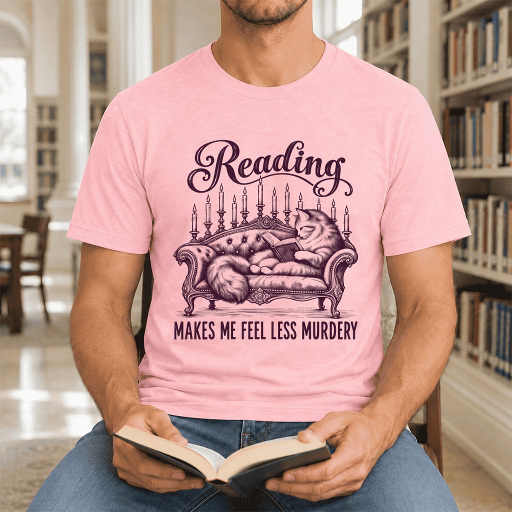 Reading Makes Me Feel Less Murdery Ultra-Soft Cotton T-Shirt | Cat Reader Gift Pink