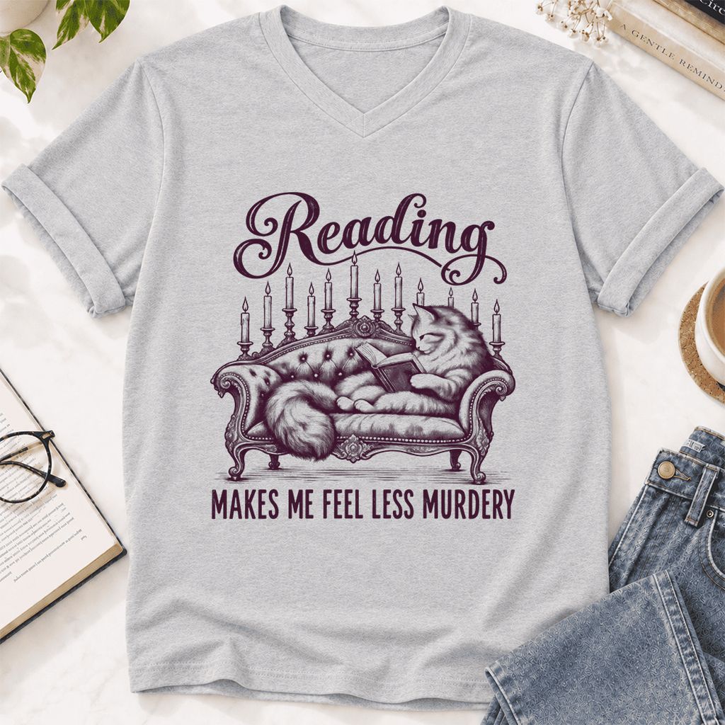 Reading Makes Me Feel Less Murdery Ultra-Soft V-Neck | Funny Cat Reader Gift Ash