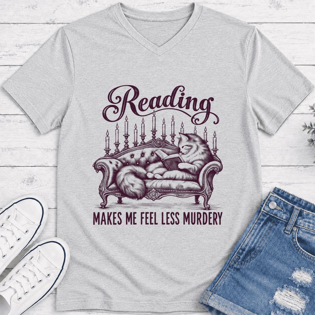 Reading Makes Me Feel Less Murdery Ultra-Soft V-Neck | Funny Cat Reader Gift Ash