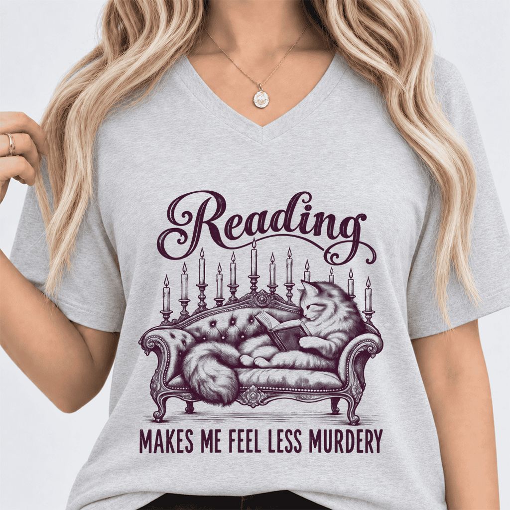 Reading Makes Me Feel Less Murdery Ultra-Soft V-Neck | Funny Cat Reader Gift Ash