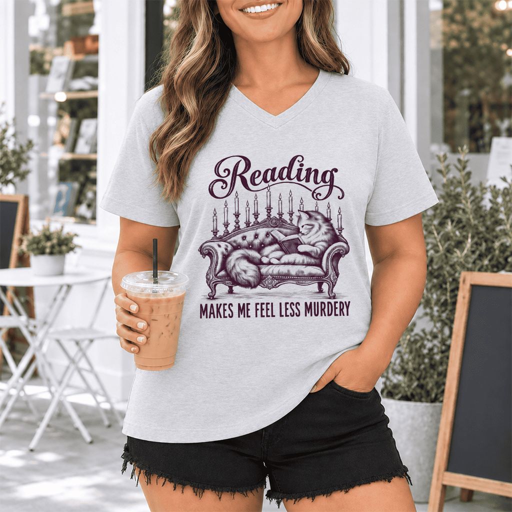 Reading Makes Me Feel Less Murdery Ultra-Soft V-Neck | Funny Cat Reader Gift Ash