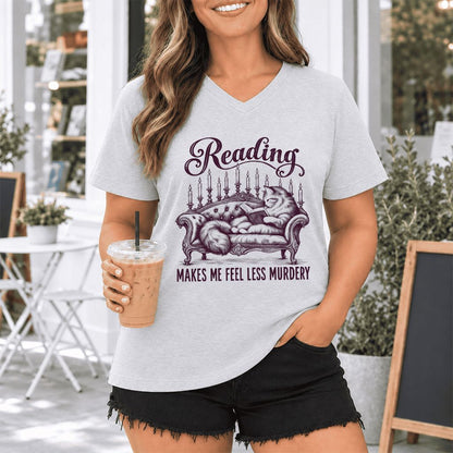 Reading Makes Me Feel Less Murdery Ultra-Soft V-Neck | Funny Cat Reader Gift Ash