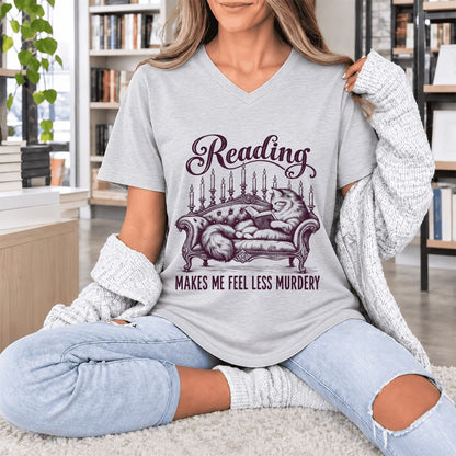 Reading Makes Me Feel Less Murdery Ultra-Soft V-Neck | Funny Cat Reader Gift Ash