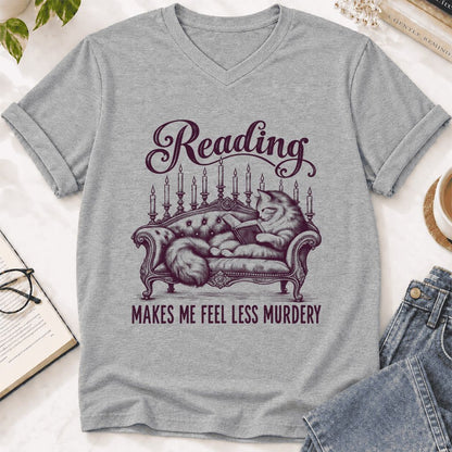Reading Makes Me Feel Less Murdery Ultra-Soft V-Neck | Funny Cat Reader Gift Athletic Heather