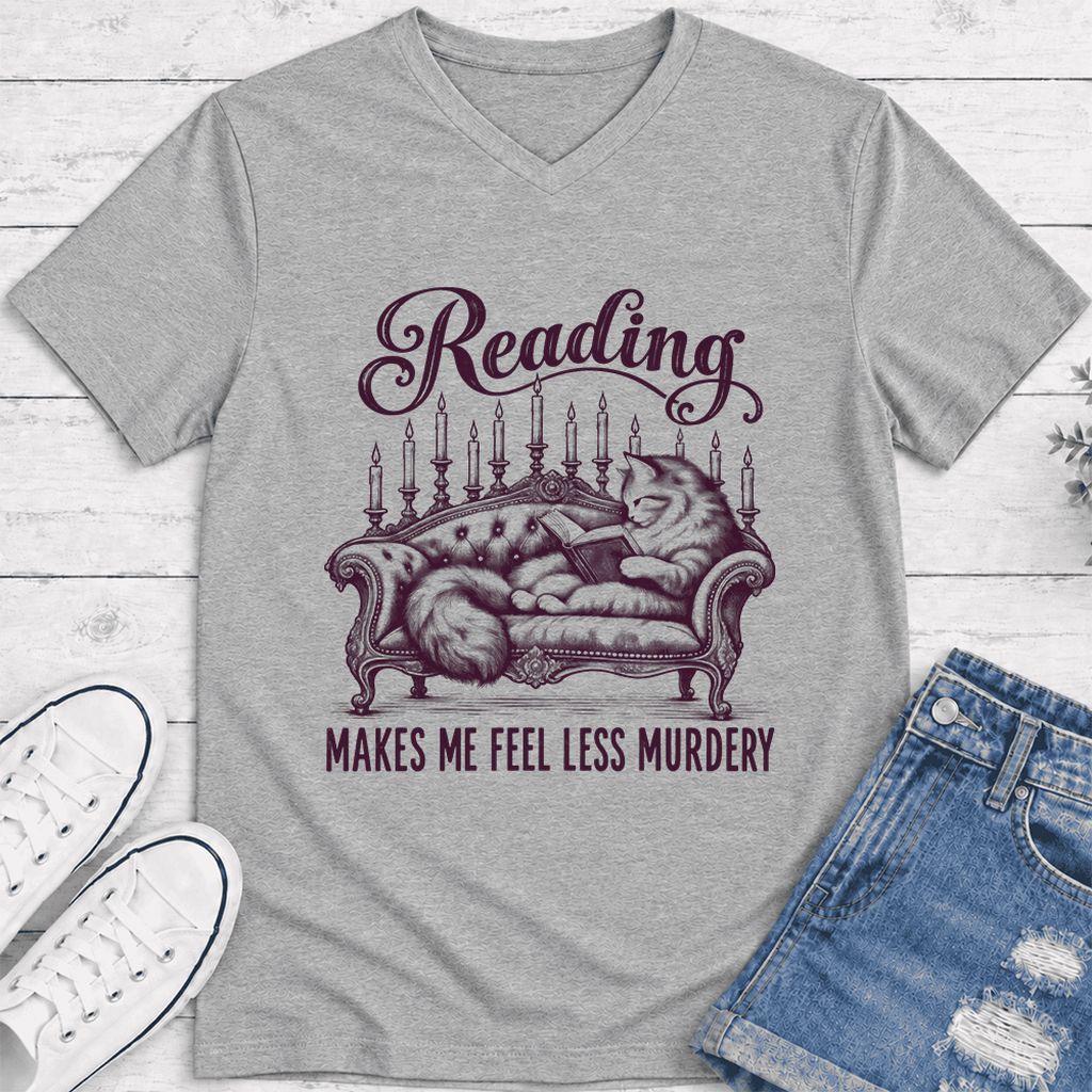 Reading Makes Me Feel Less Murdery Ultra-Soft V-Neck | Funny Cat Reader Gift Athletic Heather
