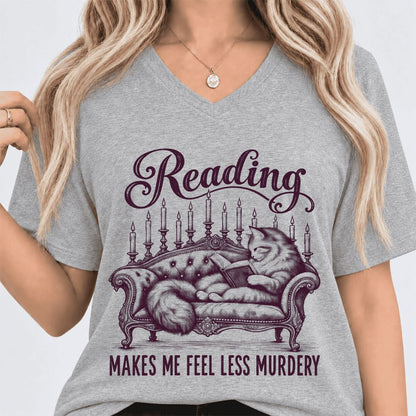 Reading Makes Me Feel Less Murdery Ultra-Soft V-Neck | Funny Cat Reader Gift Athletic Heather
