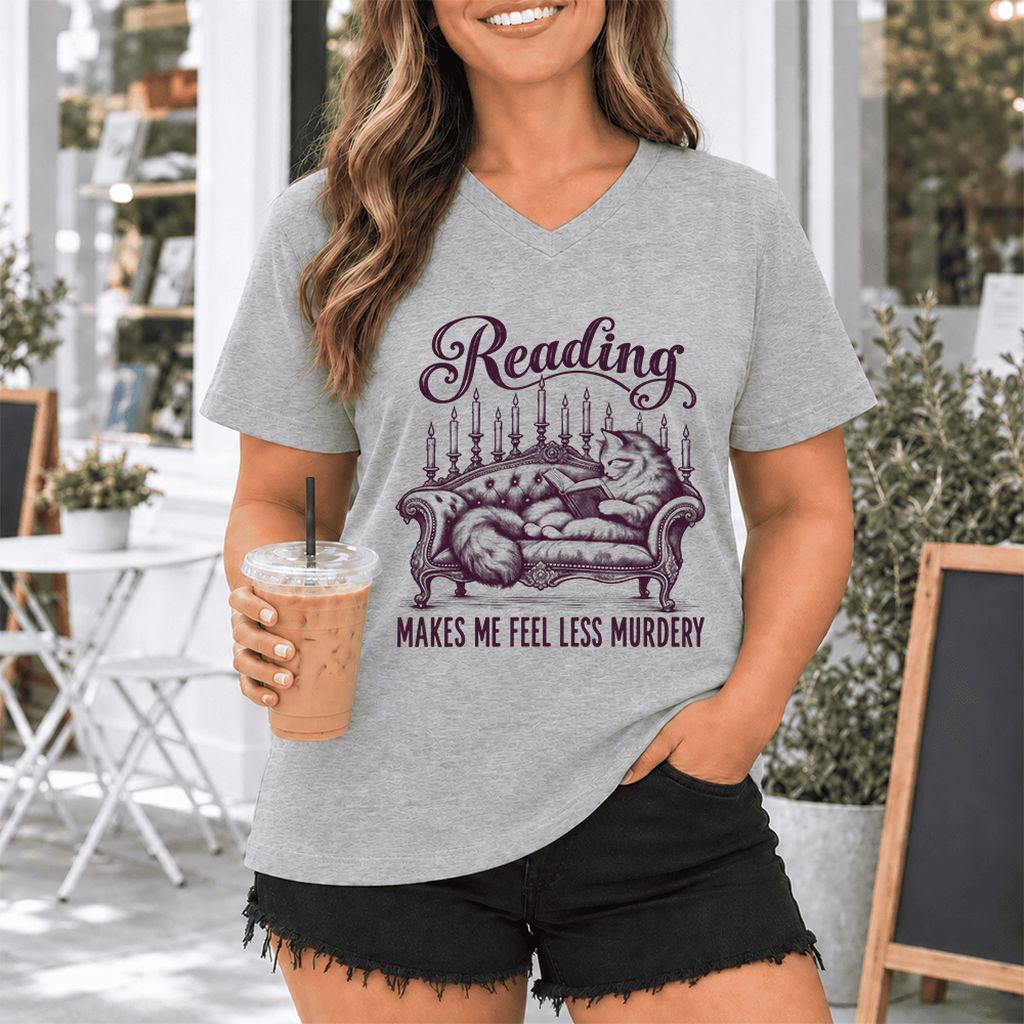 Reading Makes Me Feel Less Murdery Ultra-Soft V-Neck | Funny Cat Reader Gift Athletic Heather