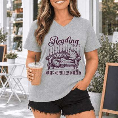 Reading Makes Me Feel Less Murdery Ultra-Soft V-Neck | Funny Cat Reader Gift Athletic Heather