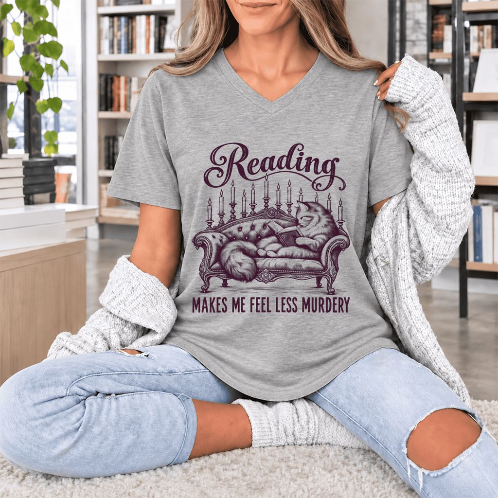 Reading Makes Me Feel Less Murdery Ultra-Soft V-Neck | Funny Cat Reader Gift Athletic Heather