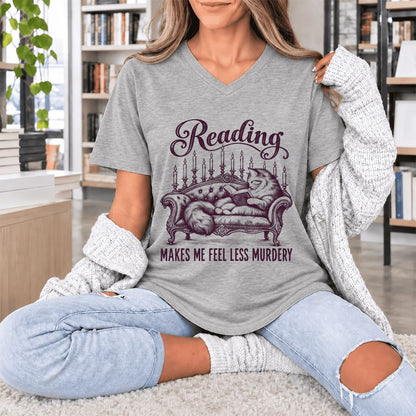 Reading Makes Me Feel Less Murdery Ultra-Soft V-Neck | Funny Cat Reader Gift Athletic Heather