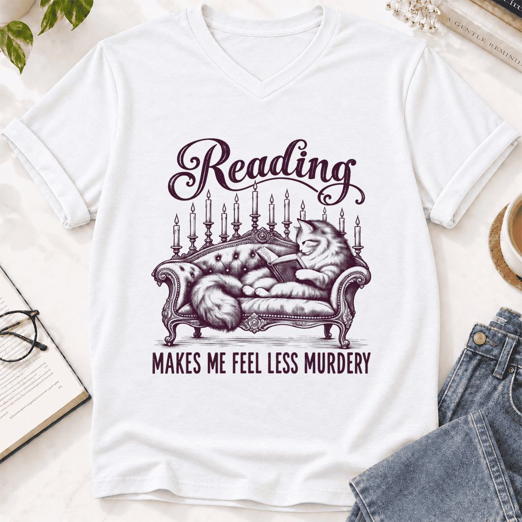 Reading Makes Me Feel Less Murdery Ultra-Soft V-Neck | Funny Cat Reader Gift White