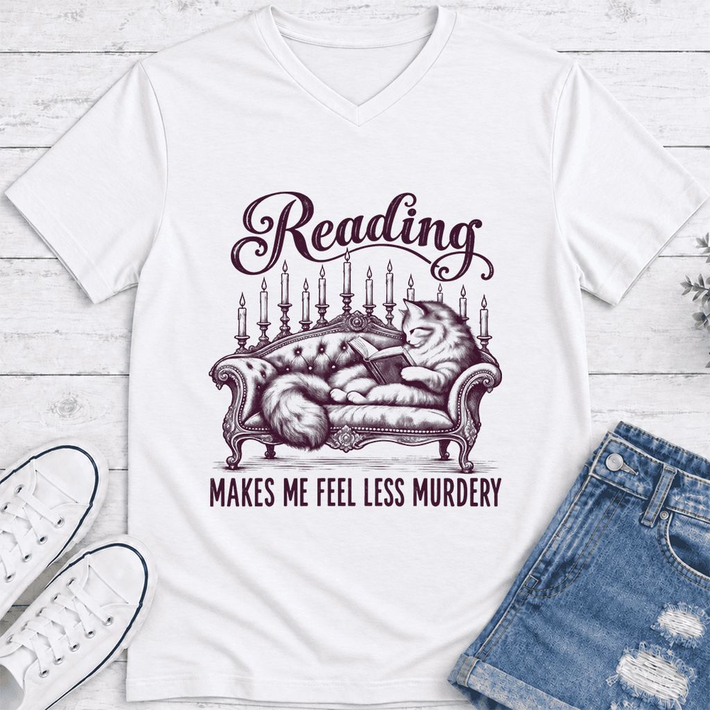 Reading Makes Me Feel Less Murdery Ultra-Soft V-Neck | Funny Cat Reader Gift White