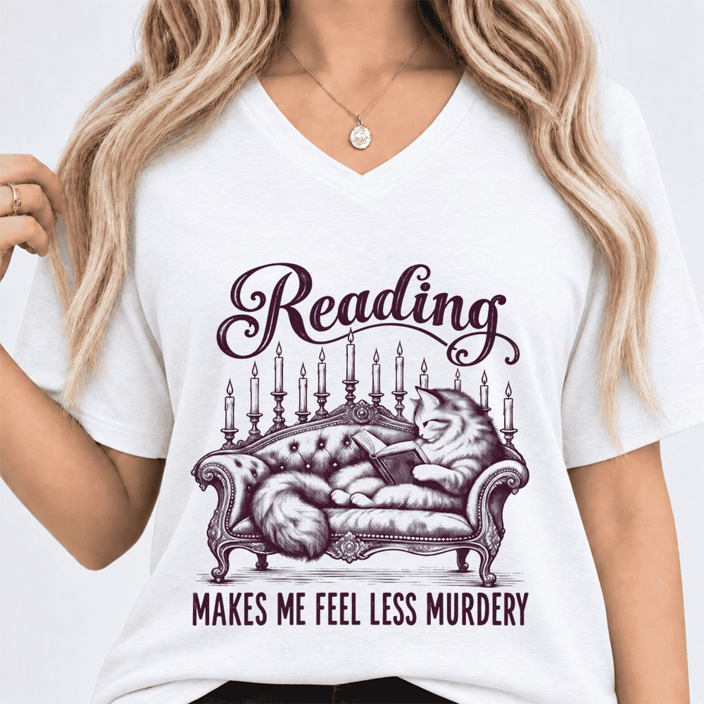 Reading Makes Me Feel Less Murdery Ultra-Soft V-Neck | Funny Cat Reader Gift White