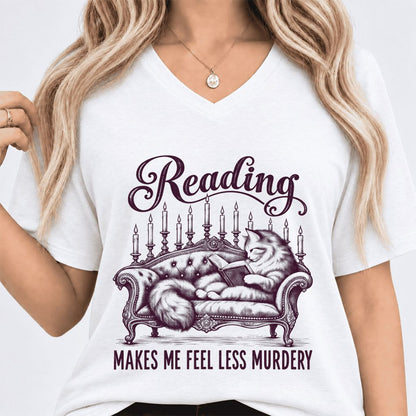 Reading Makes Me Feel Less Murdery Ultra-Soft V-Neck | Funny Cat Reader Gift White