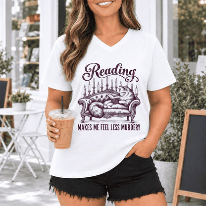 Reading Makes Me Feel Less Murdery Ultra-Soft V-Neck | Funny Cat Reader Gift White