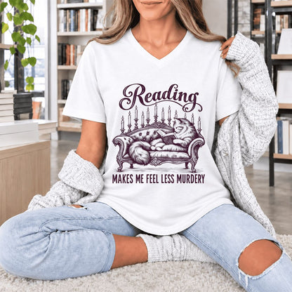 Reading Makes Me Feel Less Murdery Ultra-Soft V-Neck | Funny Cat Reader Gift White