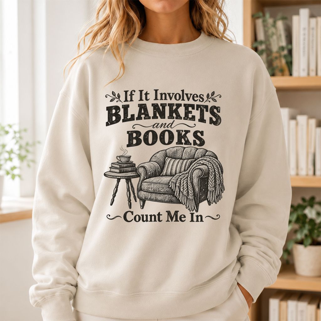 Blankets And Books Count Me In Crewneck Sweatshirt | Cozy Reader Gift Sand