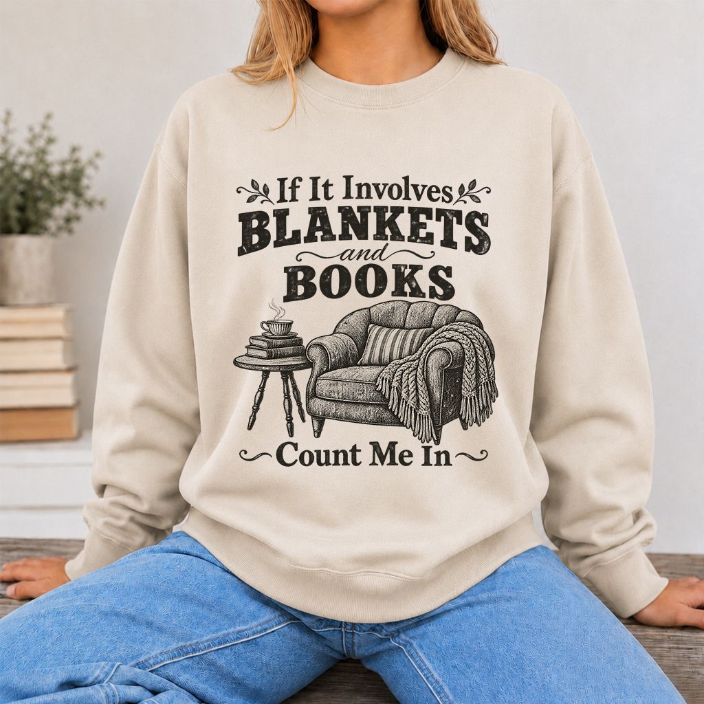 Blankets And Books Count Me In Crewneck Sweatshirt | Cozy Reader Gift Sand