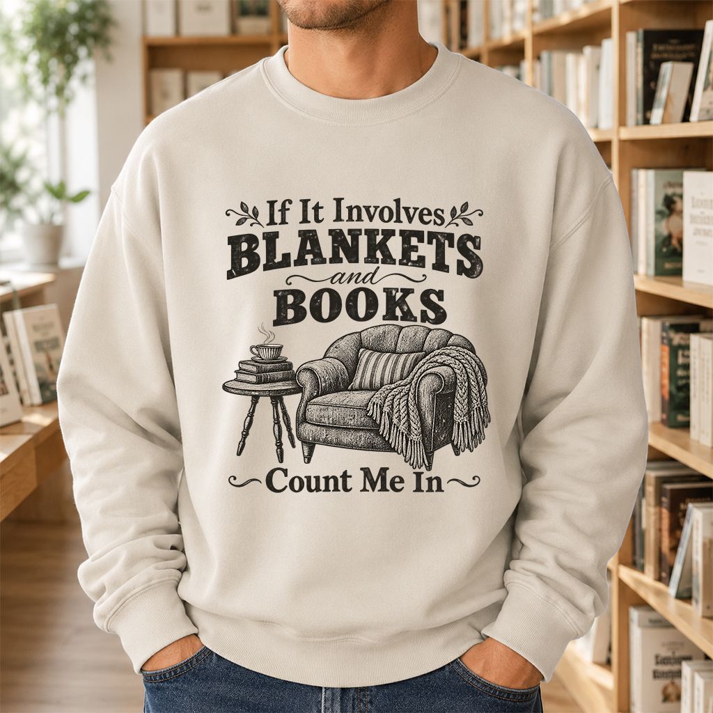 Blankets And Books Count Me In Crewneck Sweatshirt | Cozy Reader Gift Sand