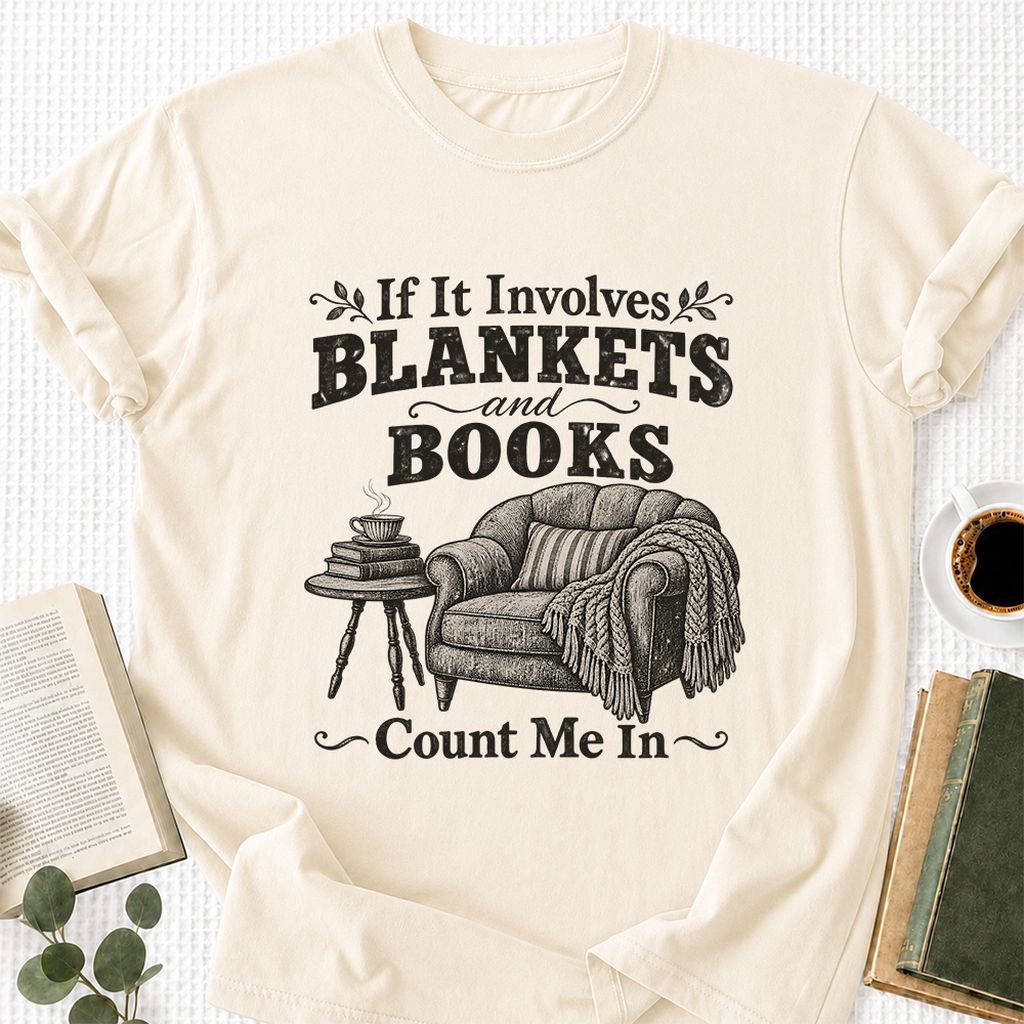 Blankets And Books Count Me In Printed T-Shirt | Cozy Reader Gift Natural