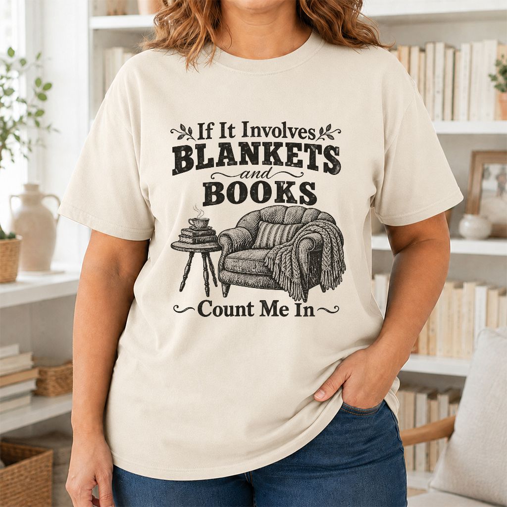 Blankets And Books Count Me In Printed T-Shirt | Cozy Reader Gift Natural