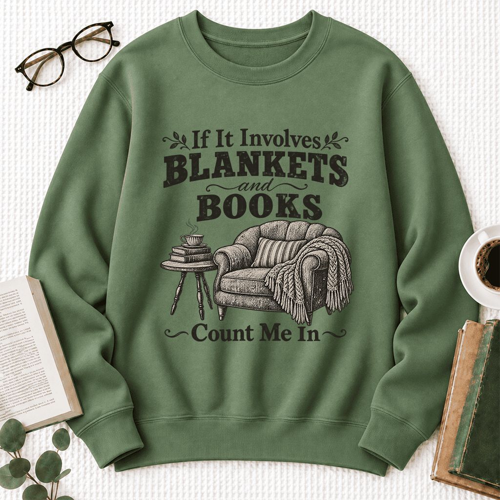 Blankets And Books Count Me In Softstyle Sweatshirt | Cozy Reader Gift Military Green