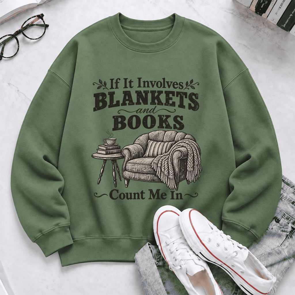 Blankets And Books Count Me In Softstyle Sweatshirt | Cozy Reader Gift Military Green