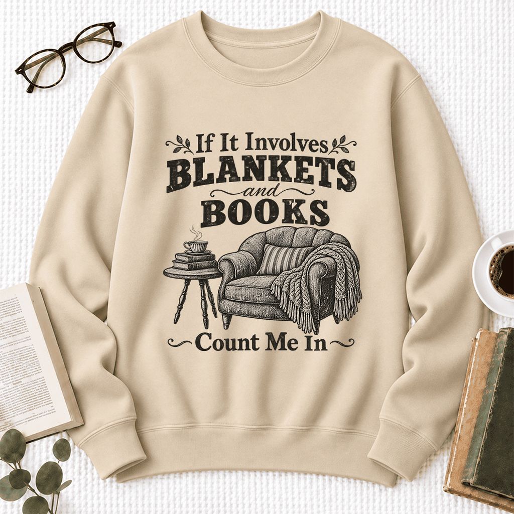 Blankets And Books Count Me In Softstyle Sweatshirt | Cozy Reader Gift Sand