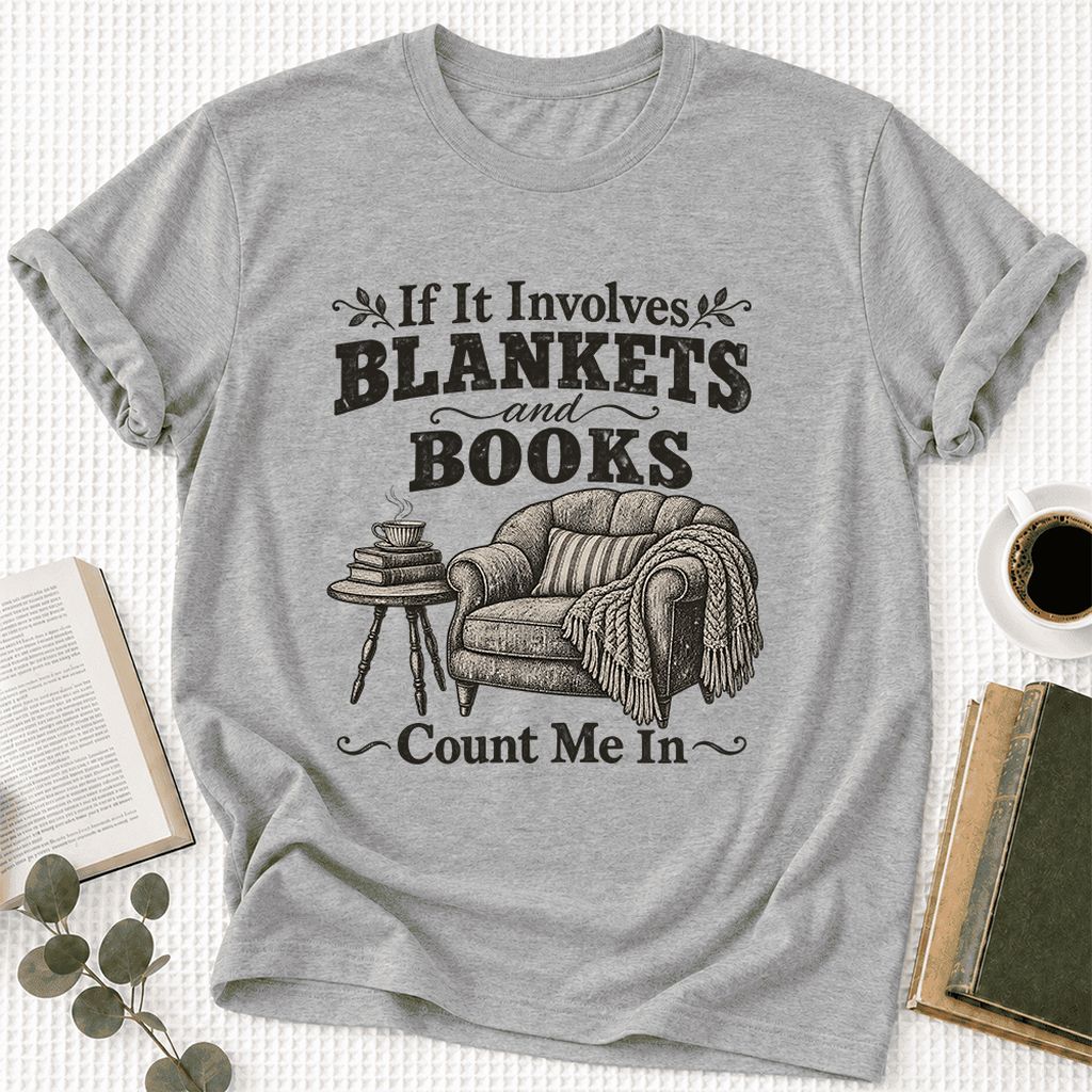 Blankets And Books Count Me In Ultra-Soft Cotton T-Shirt | Cozy Reader Gift Athletic Heather