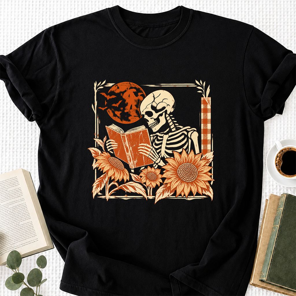 Skeleton Reading Sunflowers Printed T-Shirt | Halloween Book Lover Gift Black