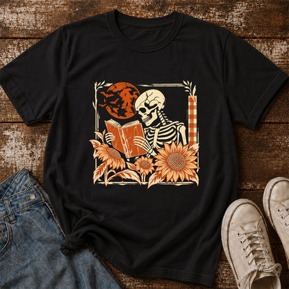 Skeleton Reading Sunflowers Printed T-Shirt | Halloween Book Lover Gift Black