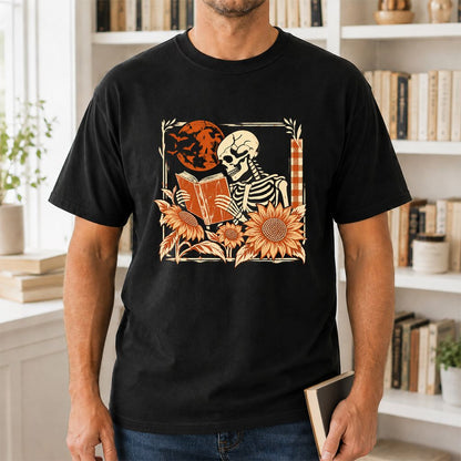 Skeleton Reading Sunflowers Printed T-Shirt | Halloween Book Lover Gift Black