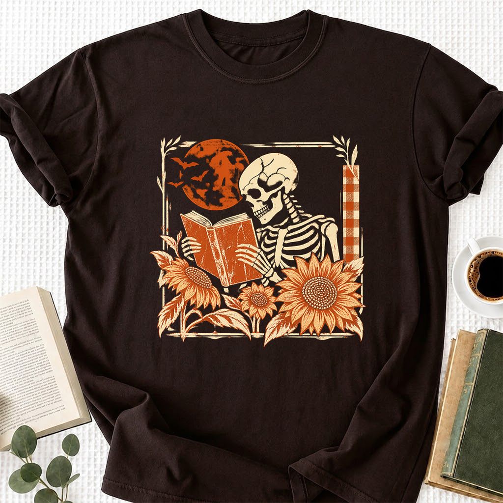 Skeleton Reading Sunflowers Printed T-Shirt | Halloween Book Lover Gift Dark Chocolate