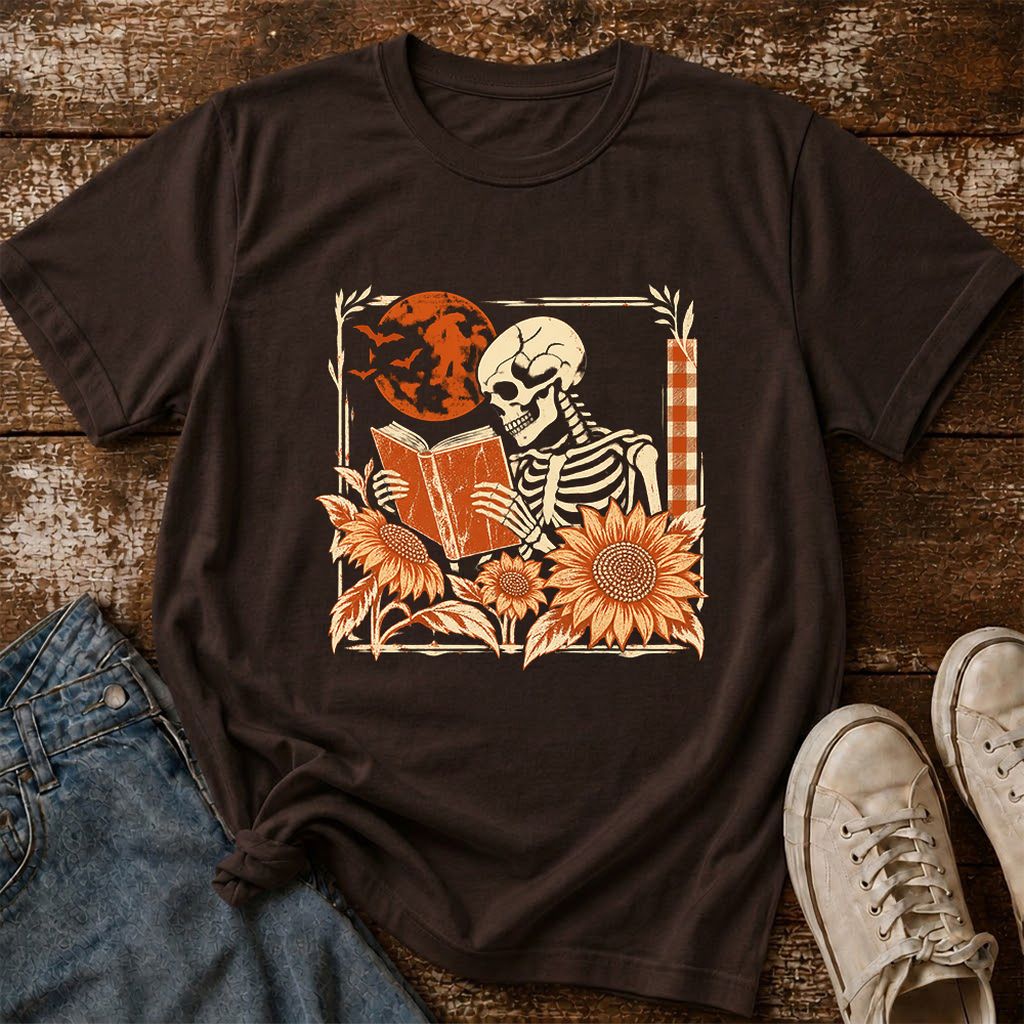 Skeleton Reading Sunflowers Printed T-Shirt | Halloween Book Lover Gift Dark Chocolate