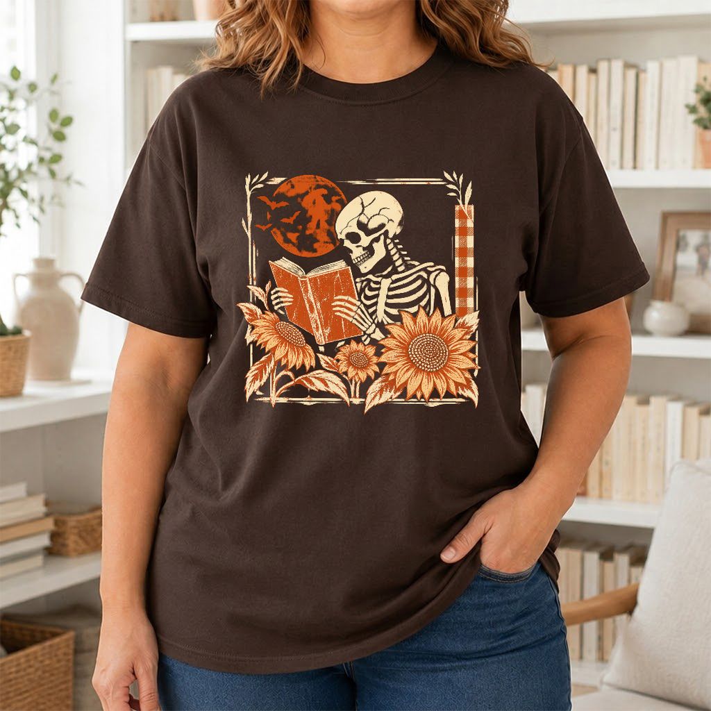 Skeleton Reading Sunflowers Printed T-Shirt | Halloween Book Lover Gift Dark Chocolate