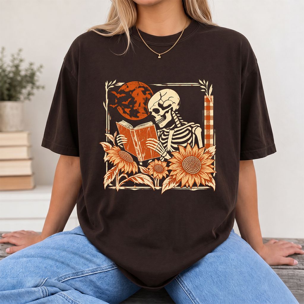 Skeleton Reading Sunflowers Printed T-Shirt | Halloween Book Lover Gift Dark Chocolate