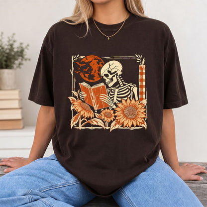 Skeleton Reading Sunflowers Printed T-Shirt | Halloween Book Lover Gift Dark Chocolate