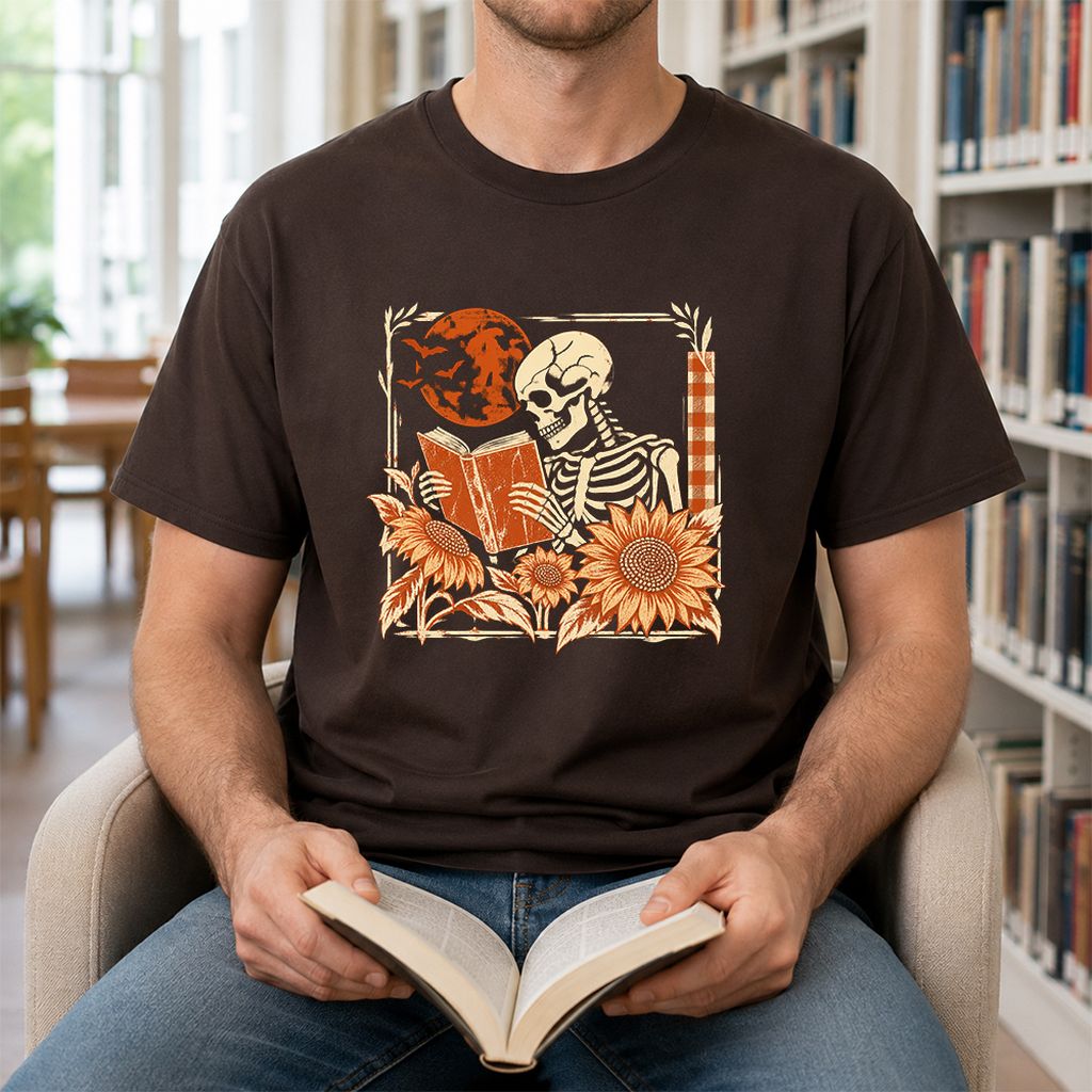 Skeleton Reading Sunflowers Printed T-Shirt | Halloween Book Lover Gift Dark Chocolate