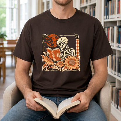 Skeleton Reading Sunflowers Printed T-Shirt | Halloween Book Lover Gift Dark Chocolate