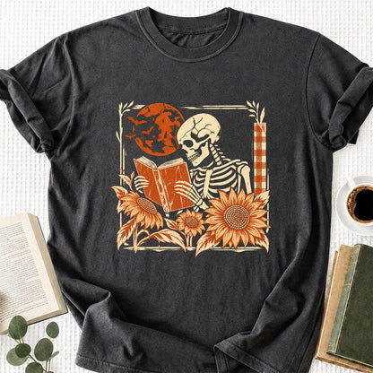 Skeleton Reading Sunflowers Printed T-Shirt | Halloween Book Lover Gift Dark Heather